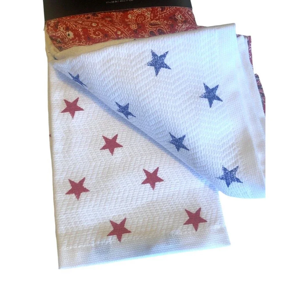 Ralph Lauren Kitchen Dish Towels July 4th Red Paisley Bandana Stars Set of 3